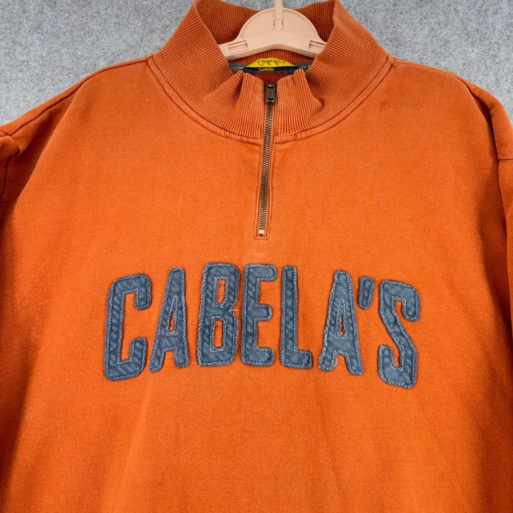Cabelas Mens XL Quarter Zip Sweatshirt Orange Blue Applique Logo Fleece Pullover
